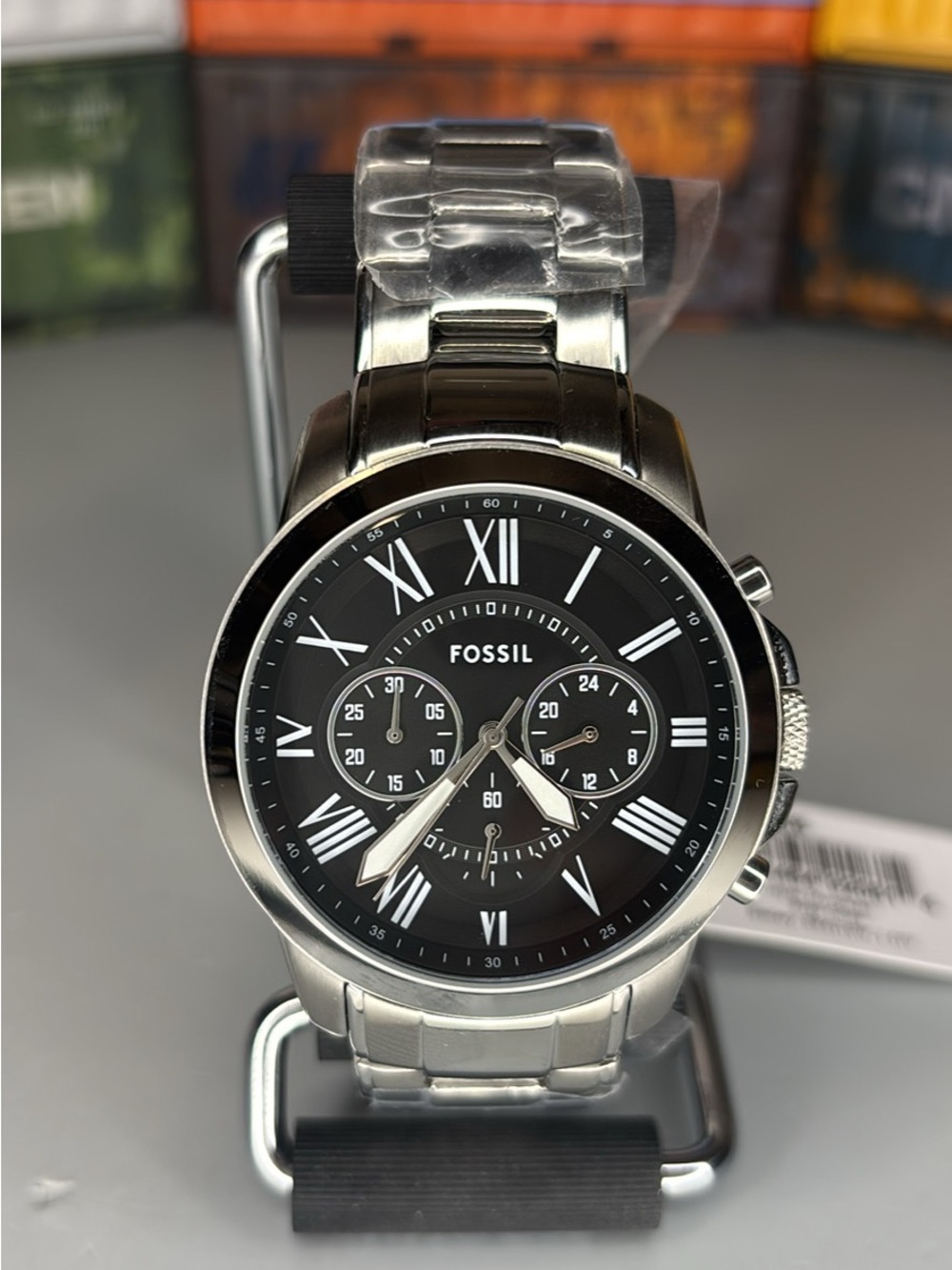 Fossil Silver-Tone Stainless Steel Watch with Black Dial